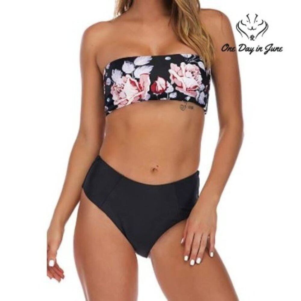 Omkagi Bandeau High Waist Bikini Womens Black Floral High Cut 2 Piece NWT Size L